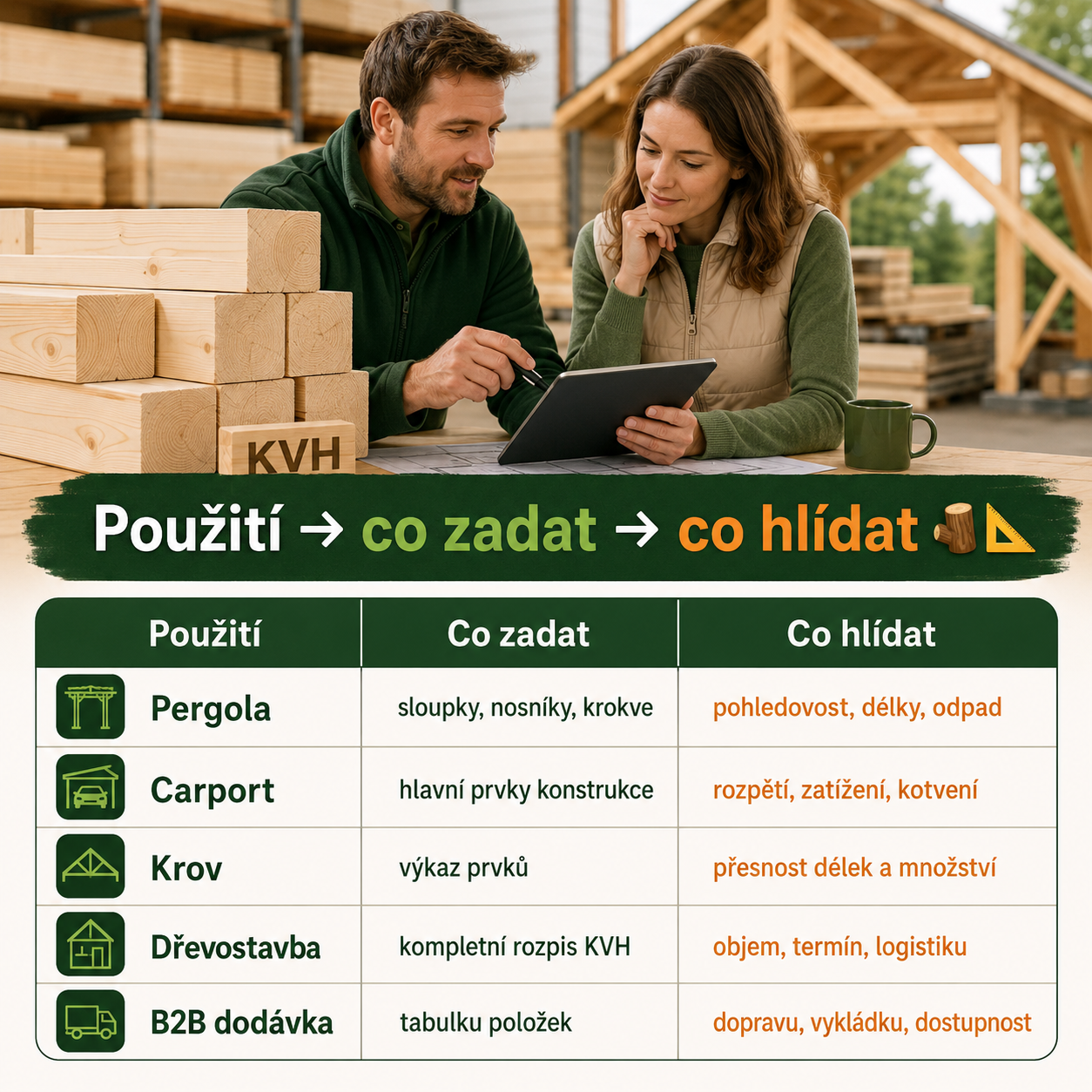 Tabulka použití KVH hranolů podle typu stavby